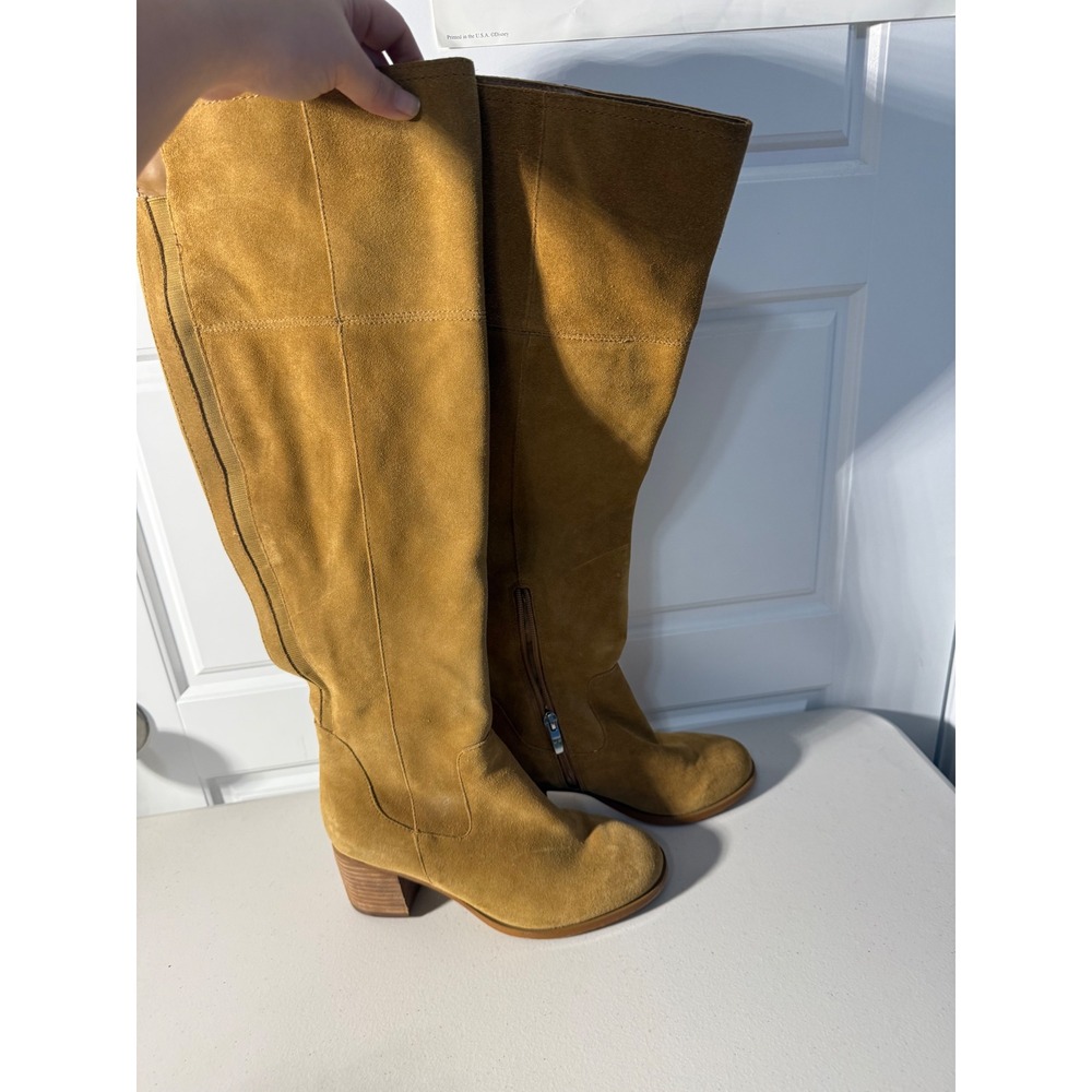 Marc Fisher Suede Over The Knee Boots Tan Block Heel Side Zip Women Size 6